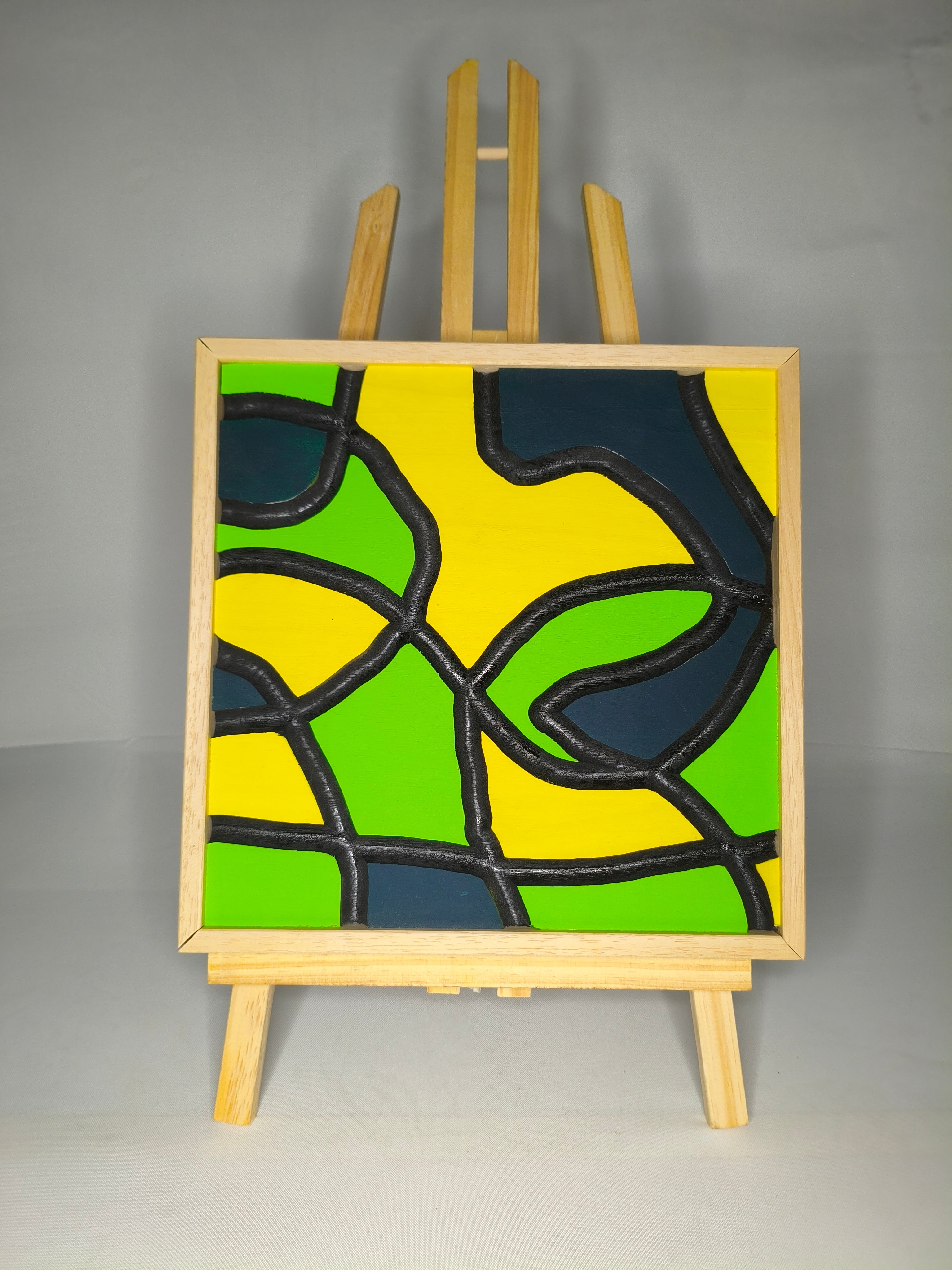 Quadro Astratto Forme Organiche Giallo, Verde e Blu – Legno di Paulonia