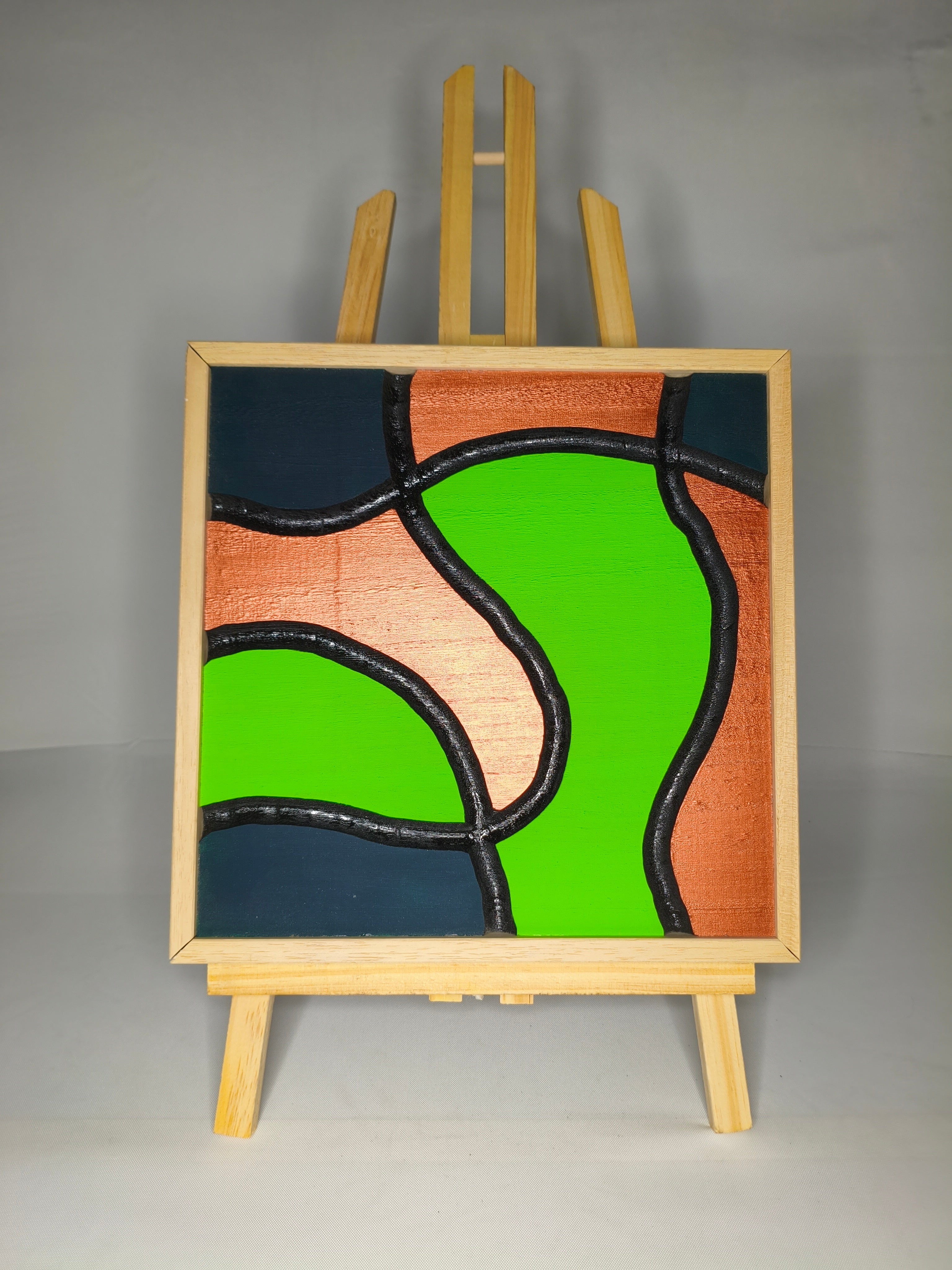 Quadro Astratto Verde, Blu Petrolio e Rame – Legno di Paulonia