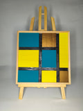 Quadro Geometrico Turchese, Giallo e Oro – Omaggio a Mondrian – Legno di Paulonia