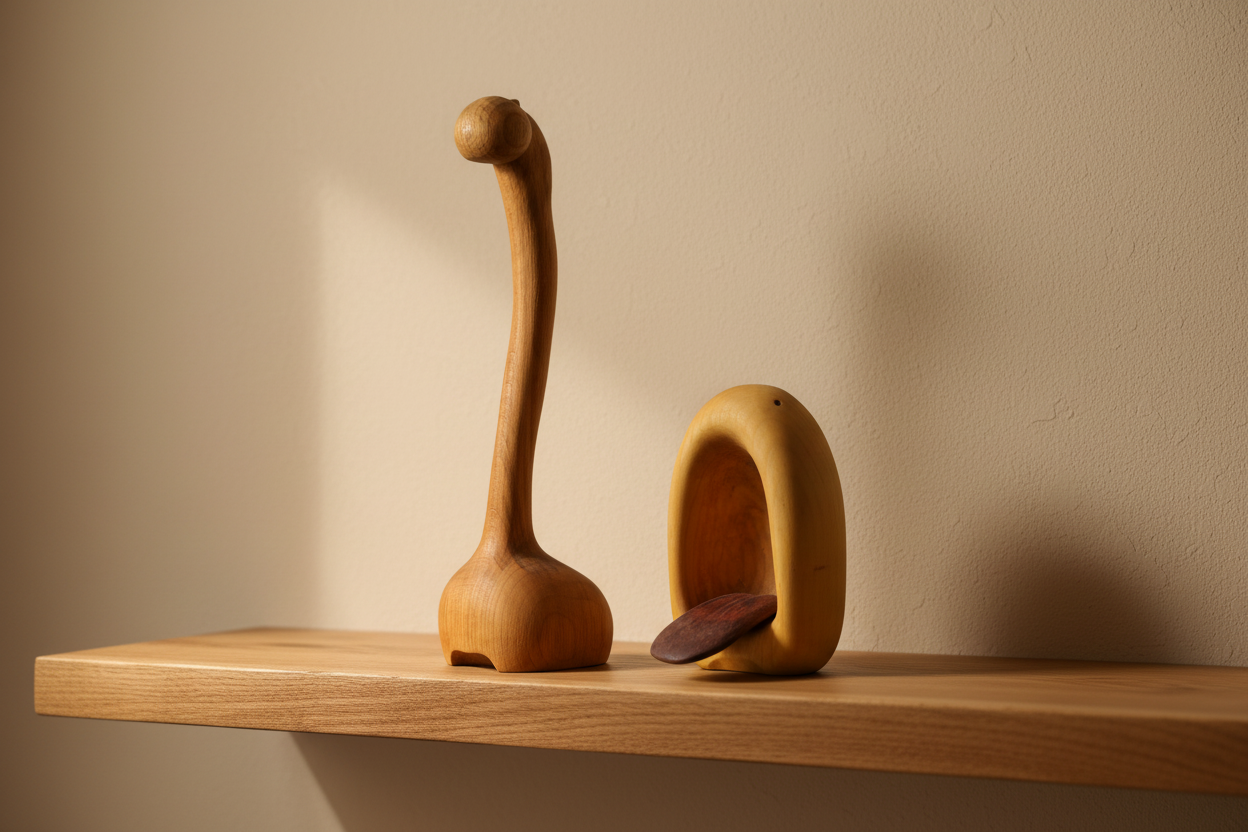 Two wooden sculptures on a solid wood shelf